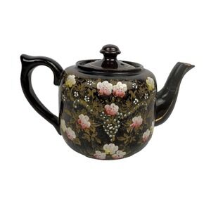 Vintage SJB Made in England Floral Brown Teapot Hand Painted Enamel Flowers